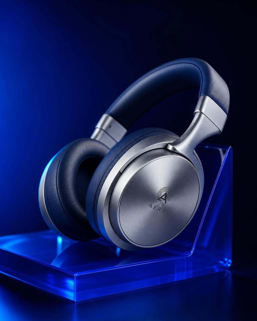 Aera silver headphones on cobalt acrylic