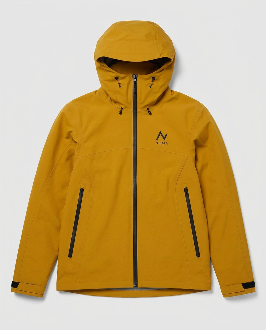 Flat supplied product shot of a mustard Noma shell jacket on a plain grey backdrop