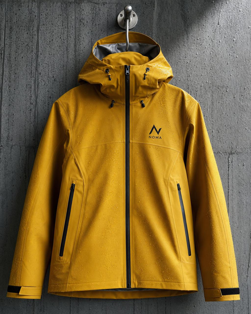 Noma waterproof jacket on a wet concrete wall