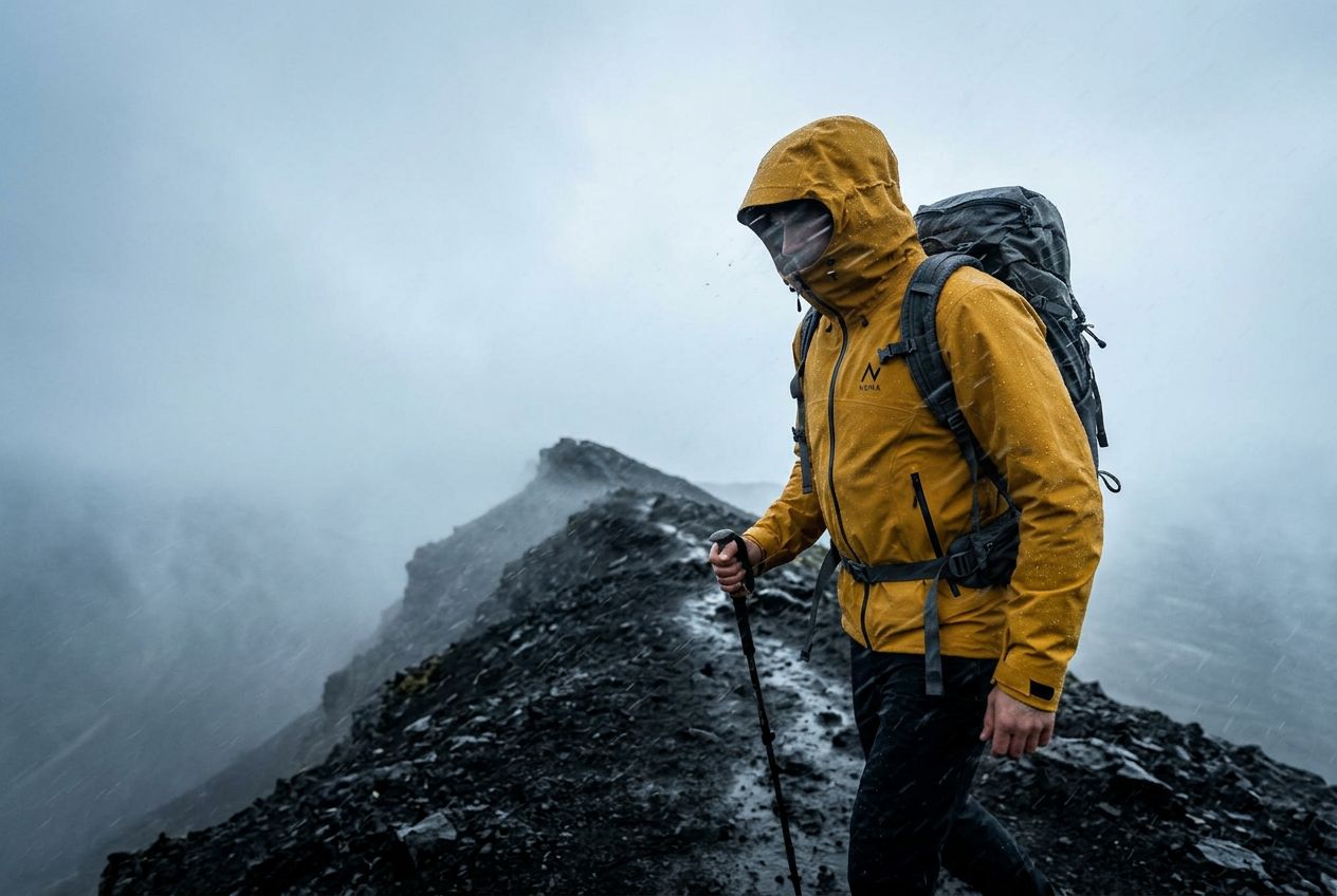 Hiker wearing a Noma jacket on a stormy ridge