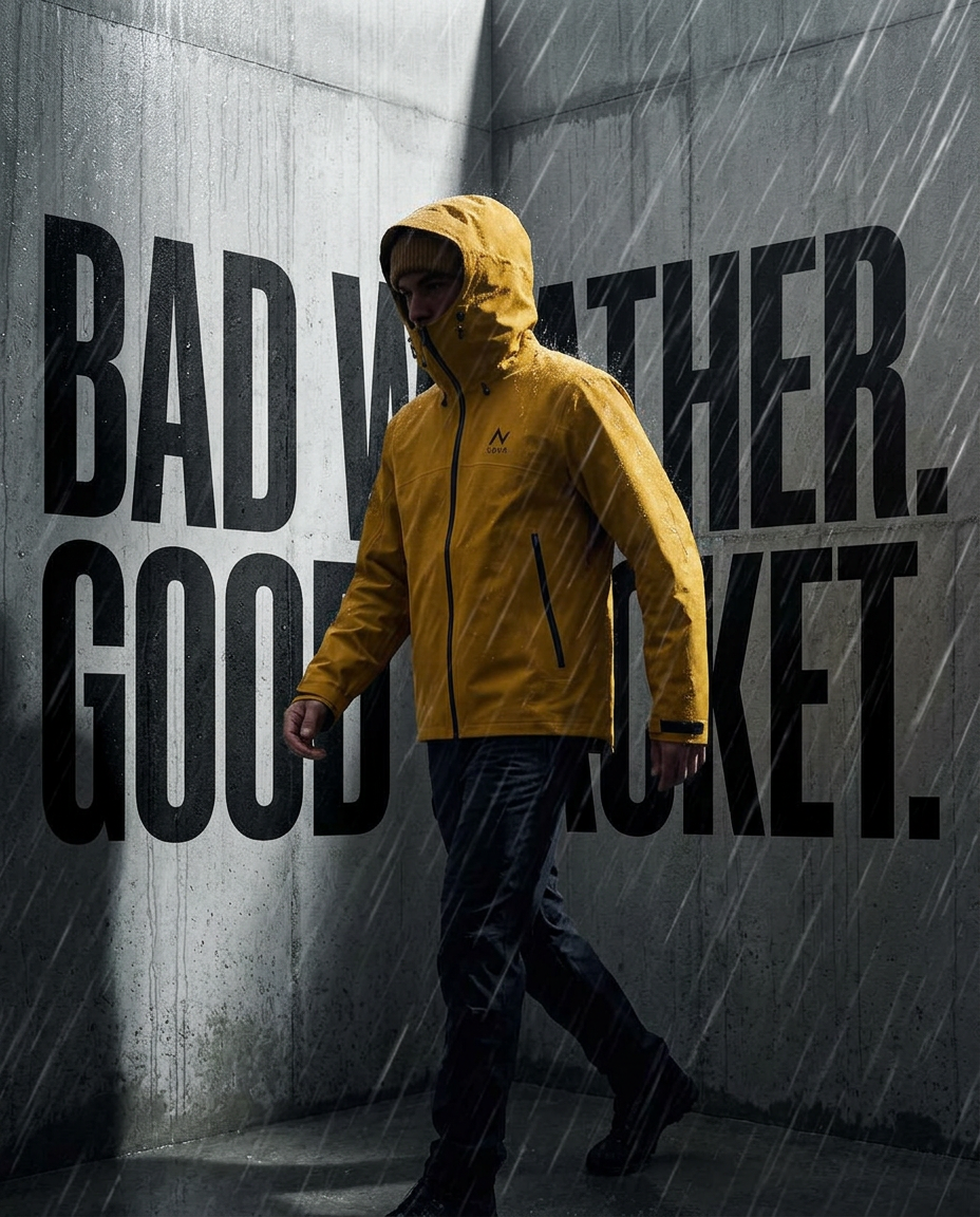 Finished Noma rainwear ad with campaign typography