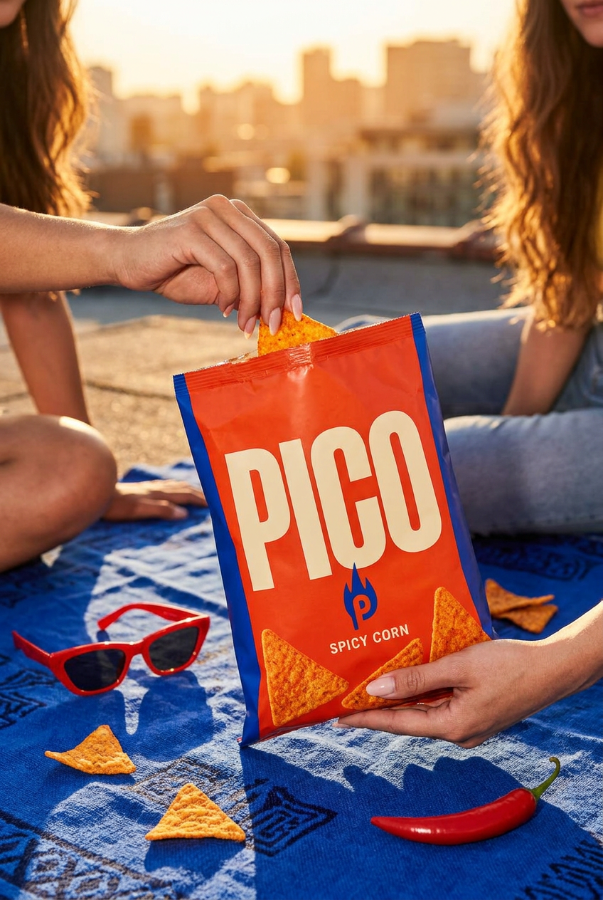Friends sharing Pico spicy corn crisps at golden hour
