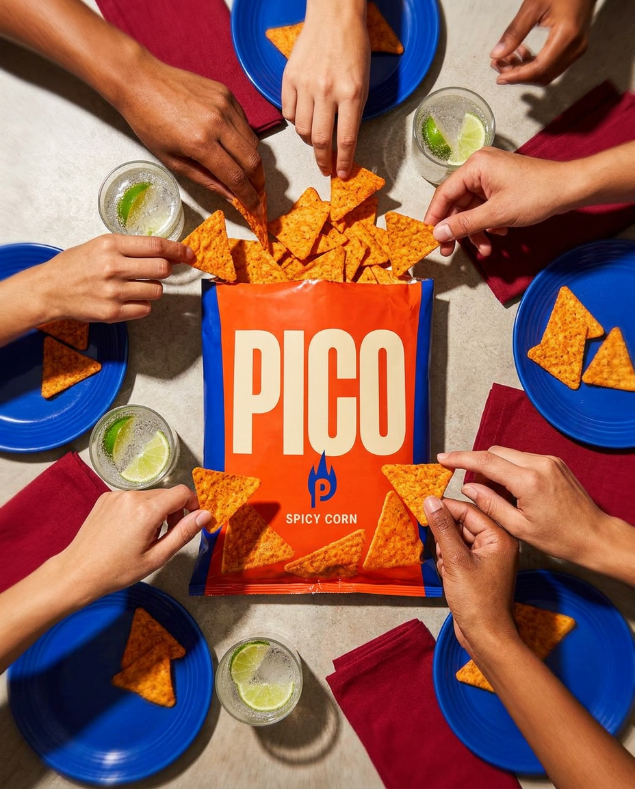 Hands sharing Pico crisps around a party table