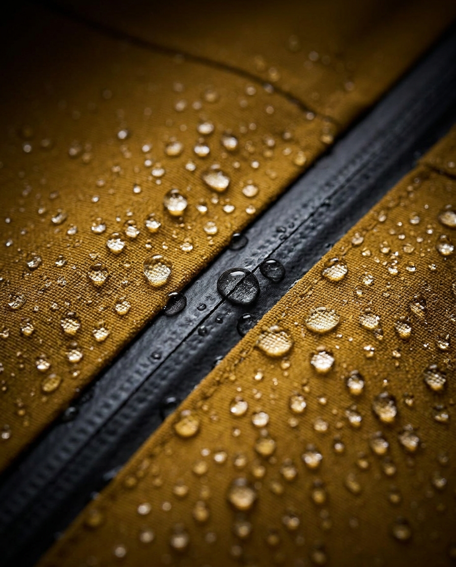 Macro shot of water beading on the Noma jacket fabric and taped seam