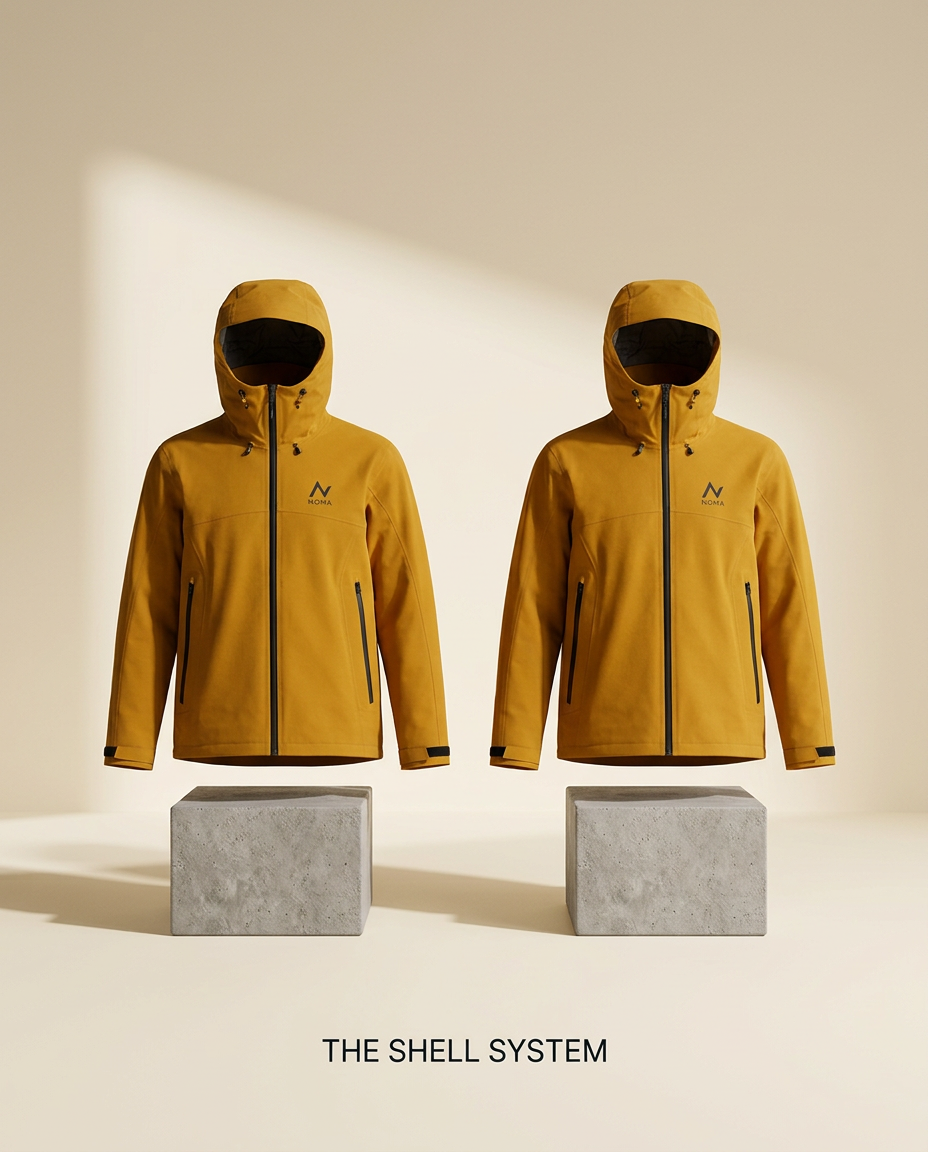 Two Noma jackets staged on concrete plinths in a cream studio