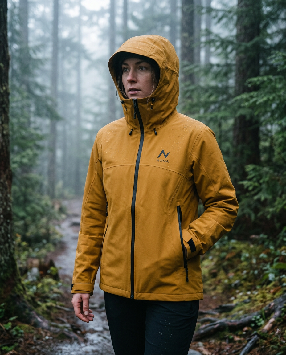 Hiker wearing the Noma jacket on a misty forest trail