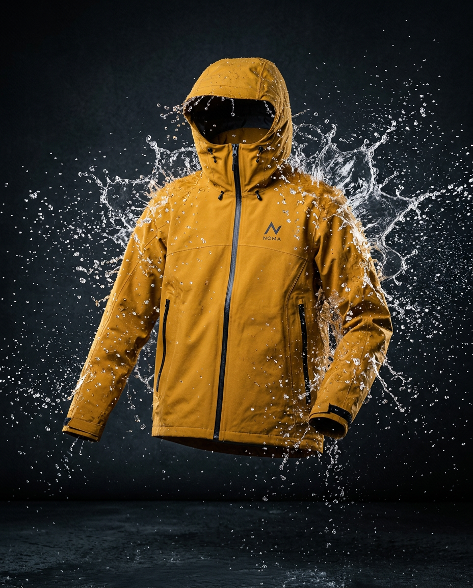 Noma jacket mid-air with water exploding off the fabric