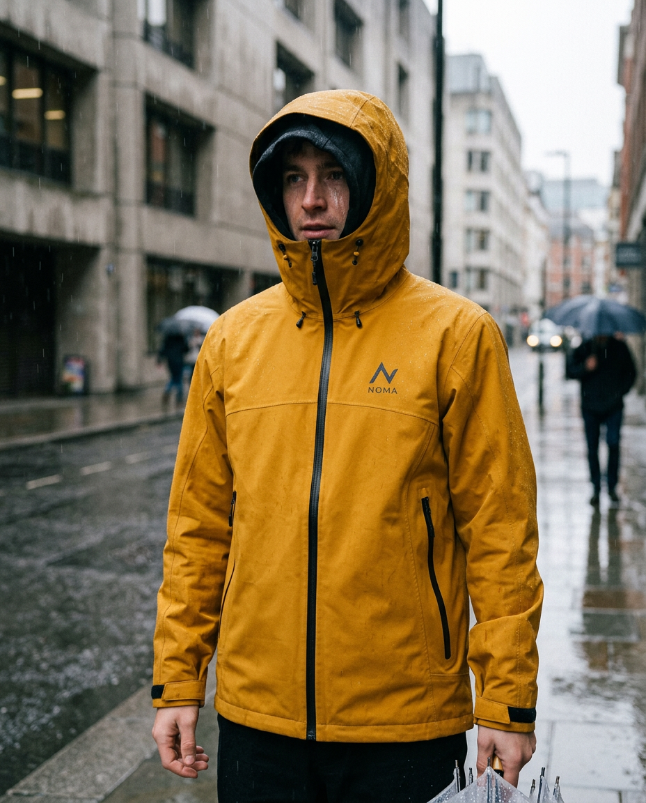 Person in a Noma jacket in city rain, candid phone-shot style